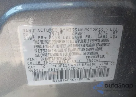 2019 Nissan Sentra Sv from USA, damaged, VIN 3N1AB7AP9KY420306